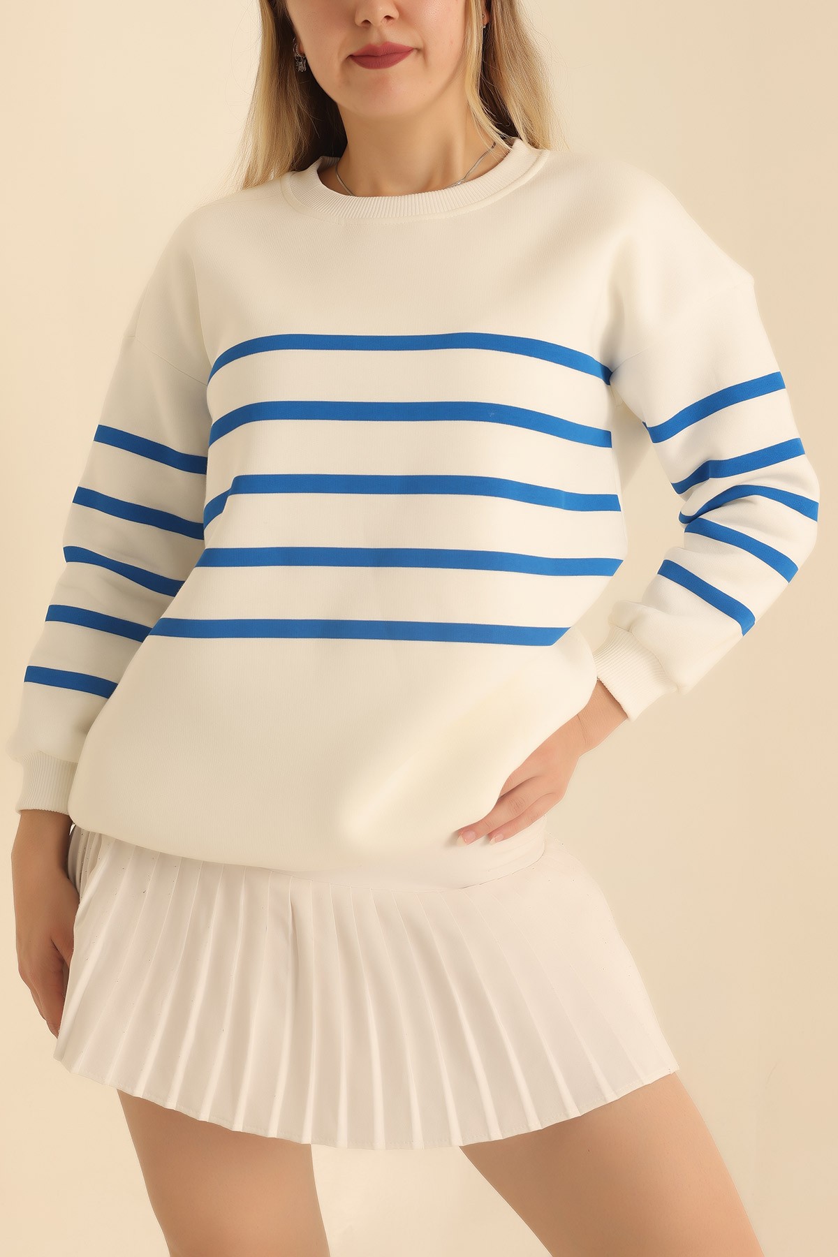 Saks Mavisi Çizgili Şardonlu Bayan Sweat 217580
