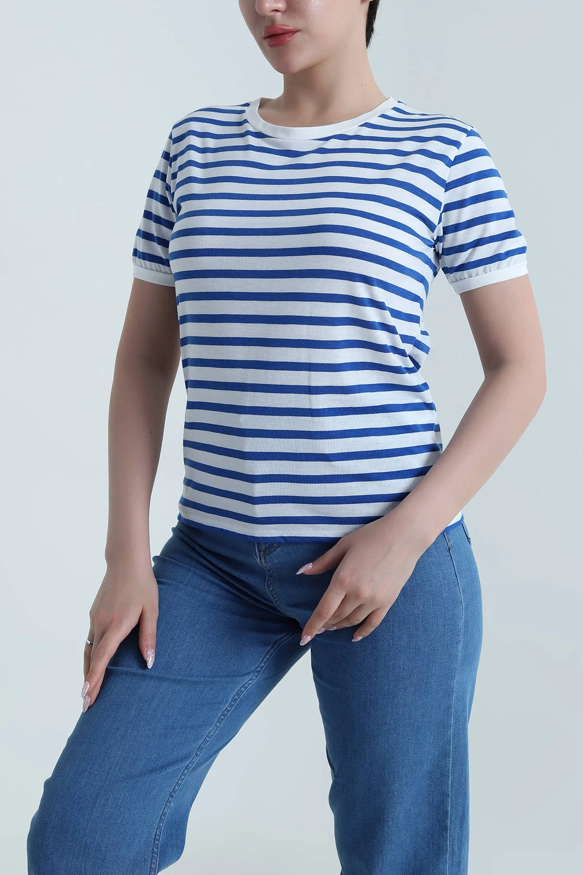 Saks Mavisi Çizgili Viskon Kadın Tişört 457783