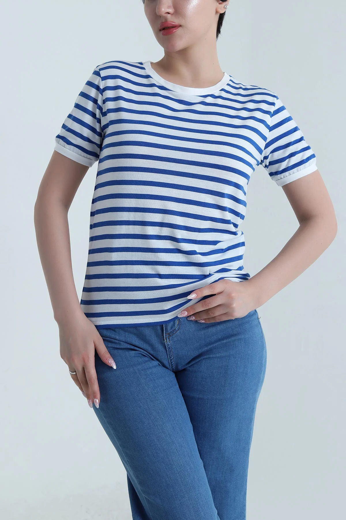 Saks Mavisi Çizgili Viskon Kadın Tişört 457783