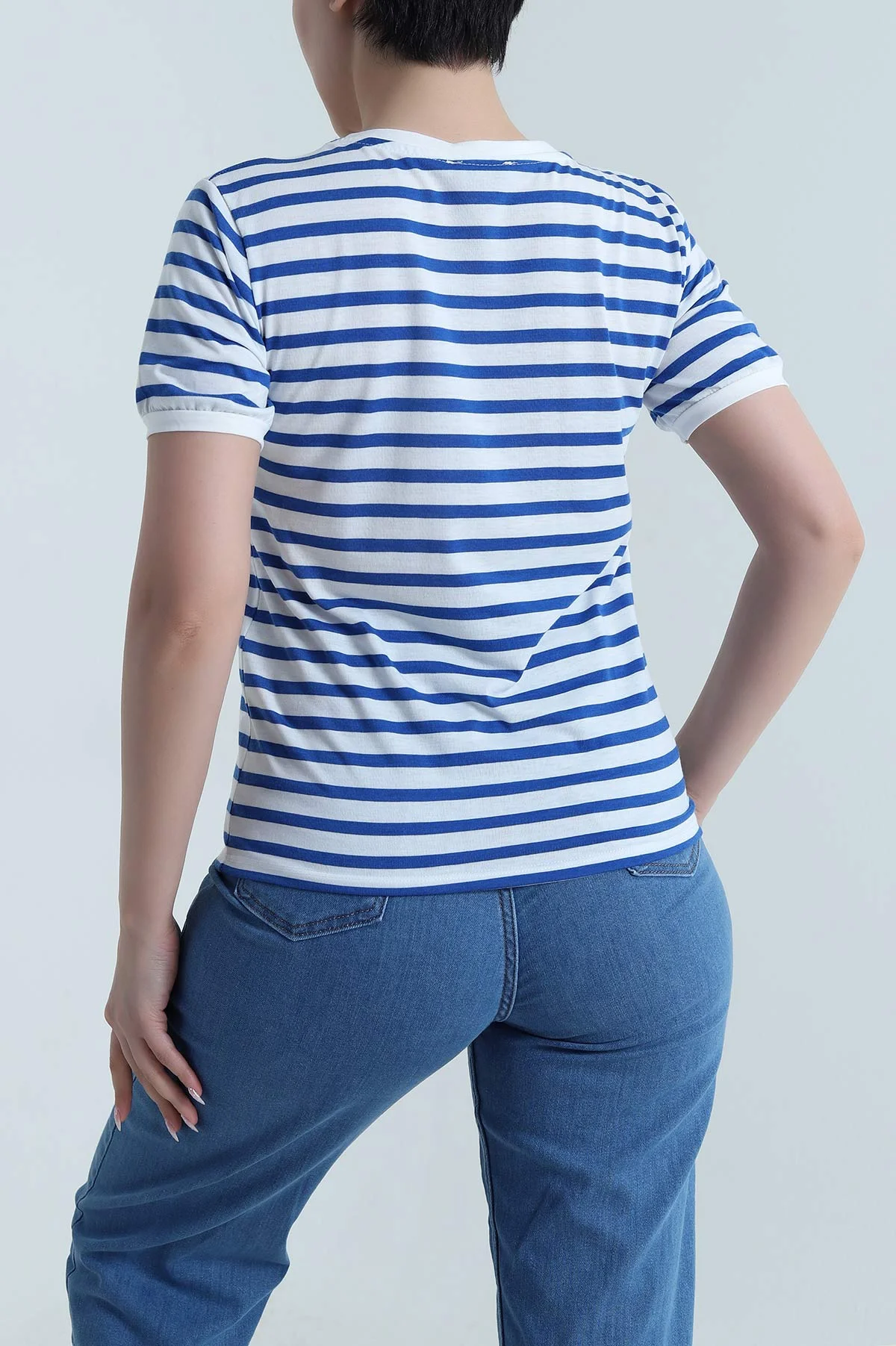 Saks Mavisi Çizgili Viskon Kadın Tişört 457783
