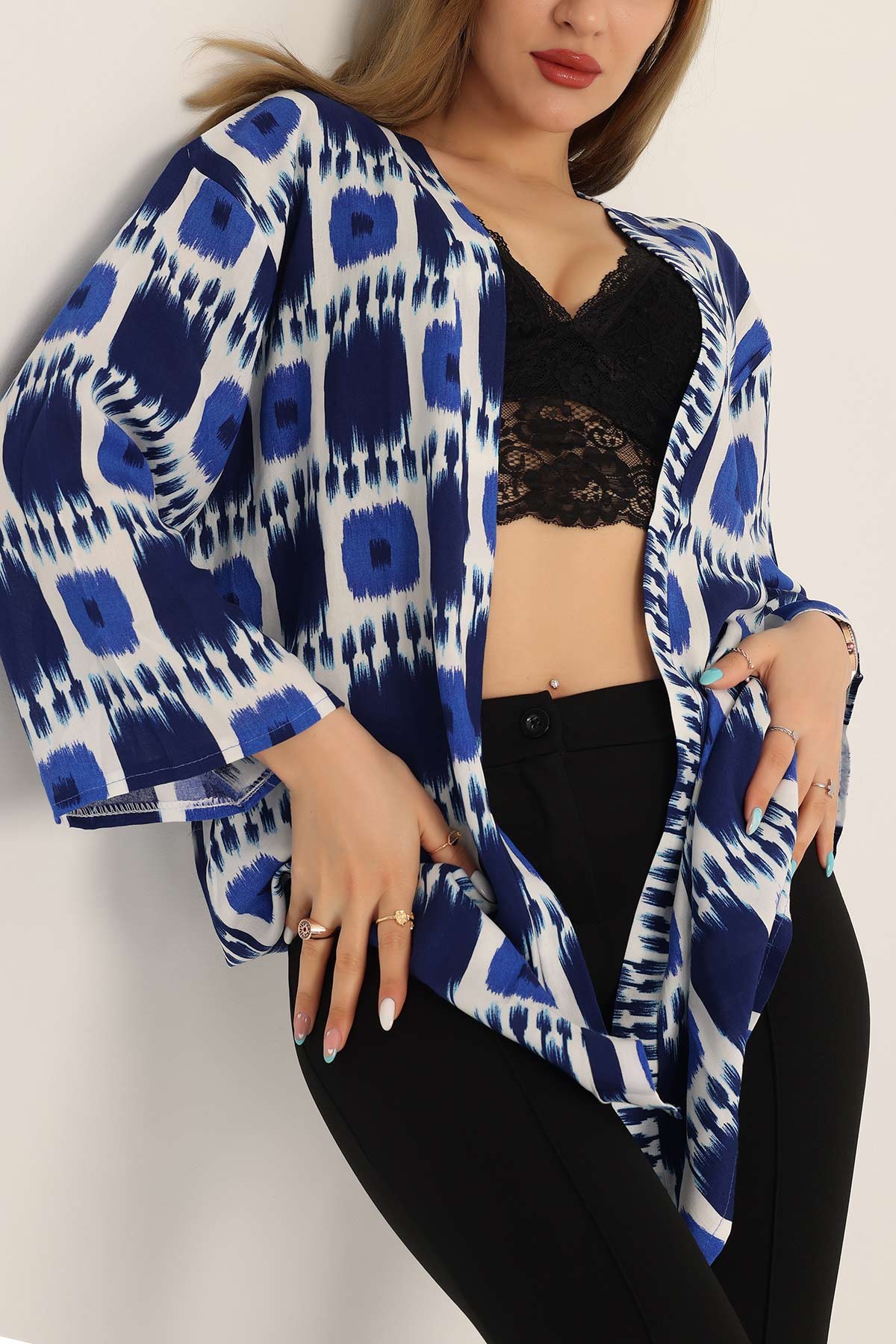 Saks Mavisi Desenli Dokuma Viskon Kimono 173410