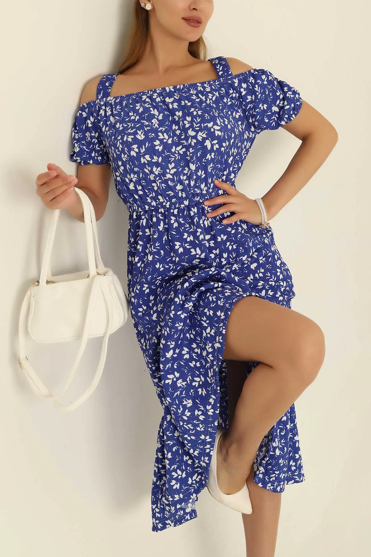 Saks Mavisi Desenli Seul Kumaş Elbise 278349