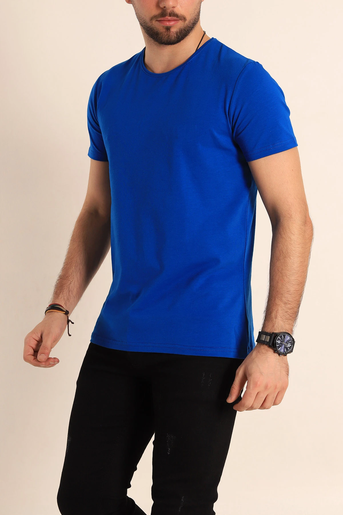Saks Mavisi Düz Kesim Basic Erkek Tişört 172956