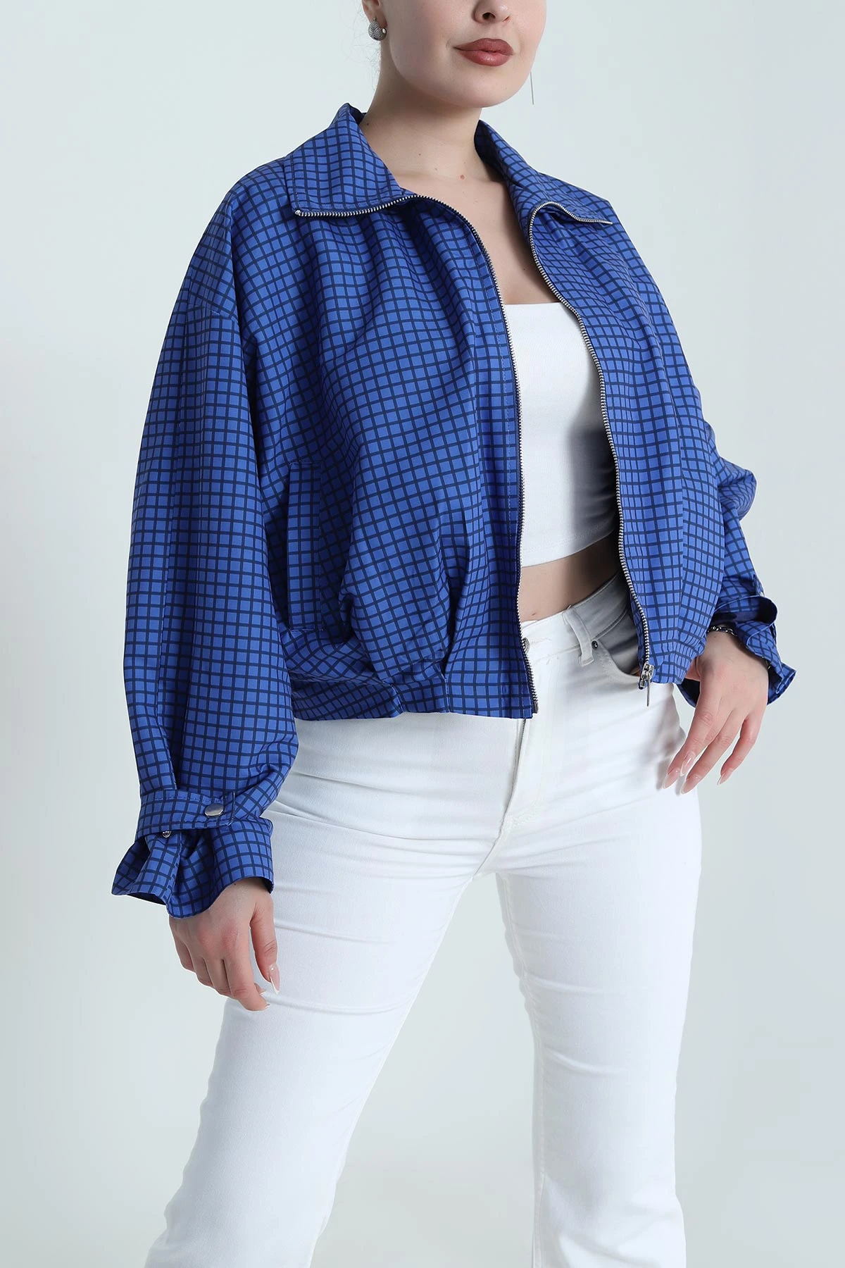 Saks Mavisi Ekose Bomber Kadın Mevsimlik Mont 493902
