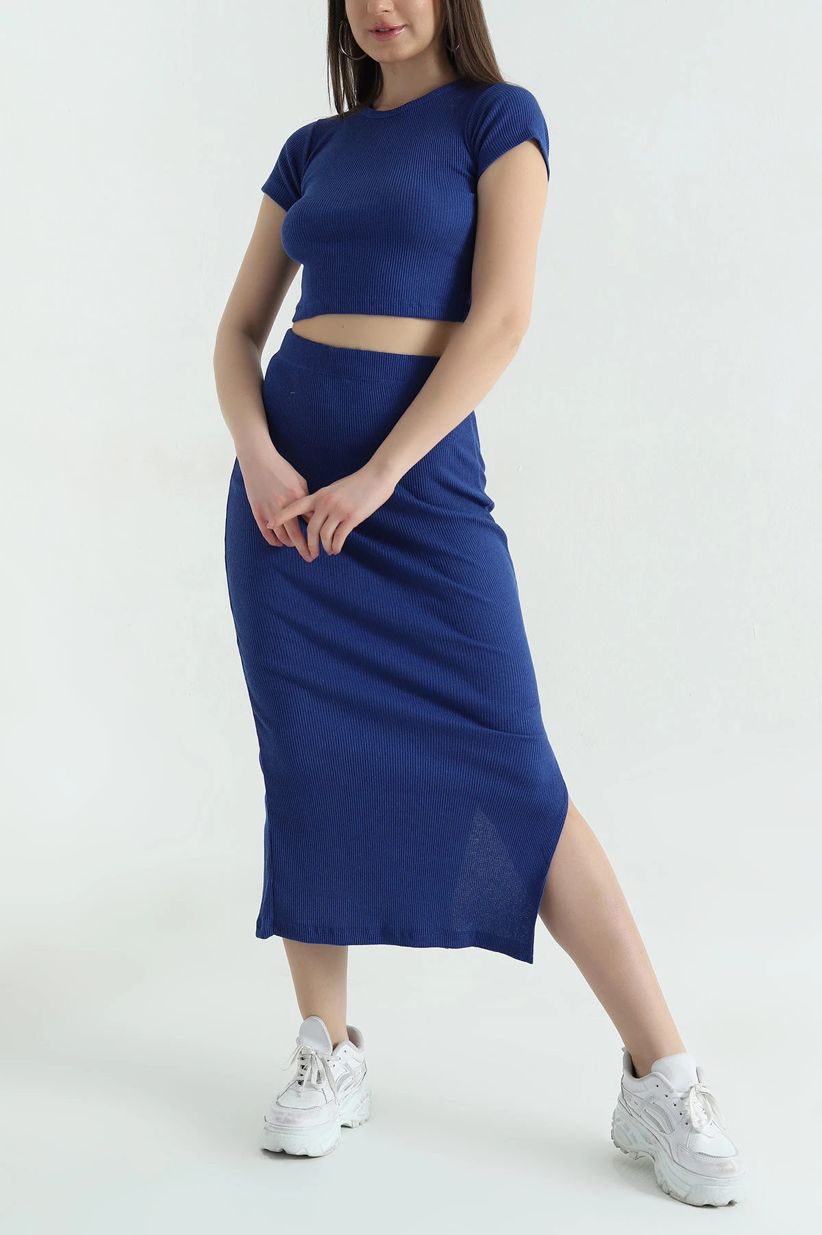 Saks Mavisi Etek Bluz Fitilli İkili Takım 358847