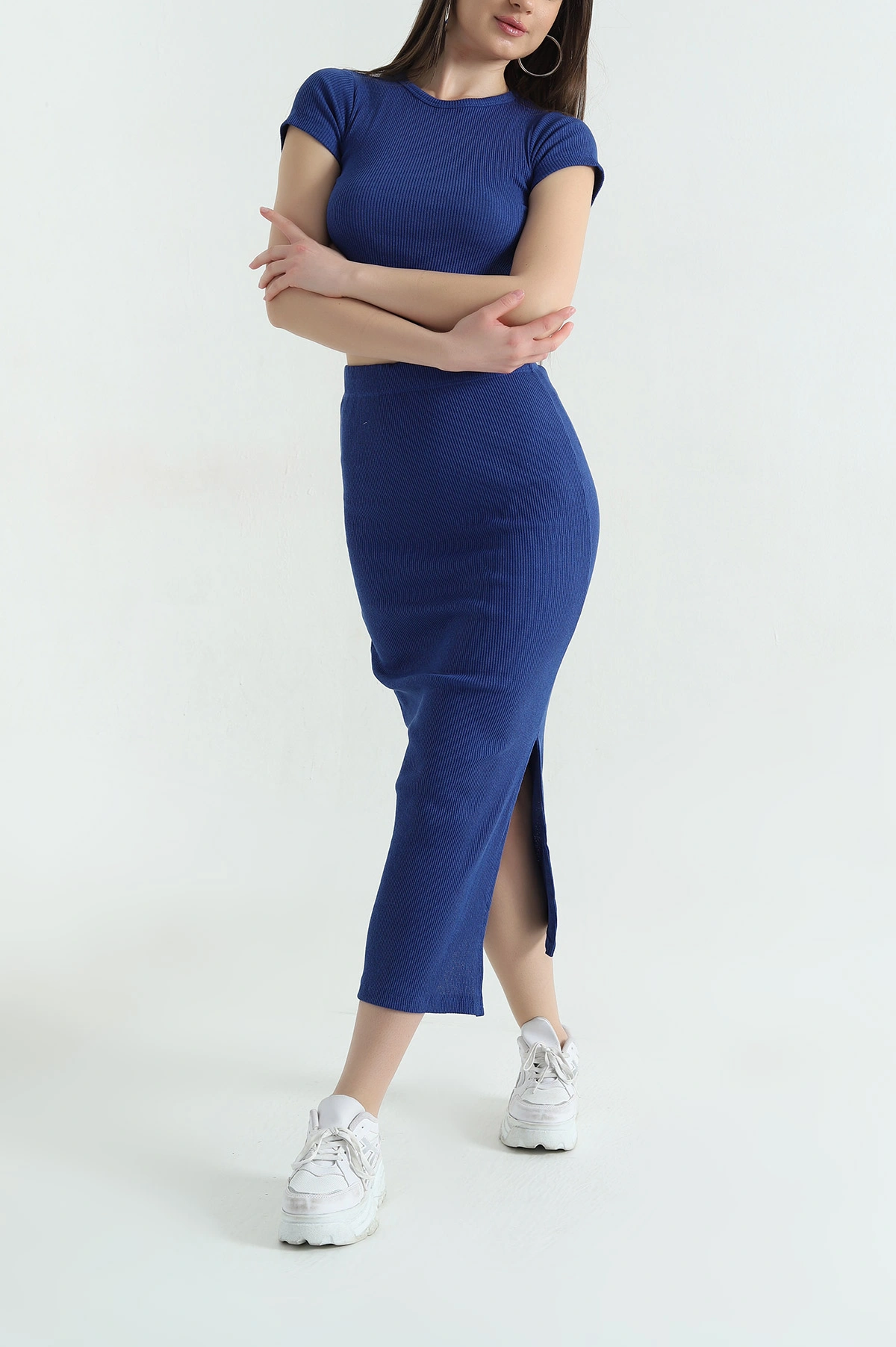 Saks Mavisi Etek Bluz Fitilli İkili Takım 358847
