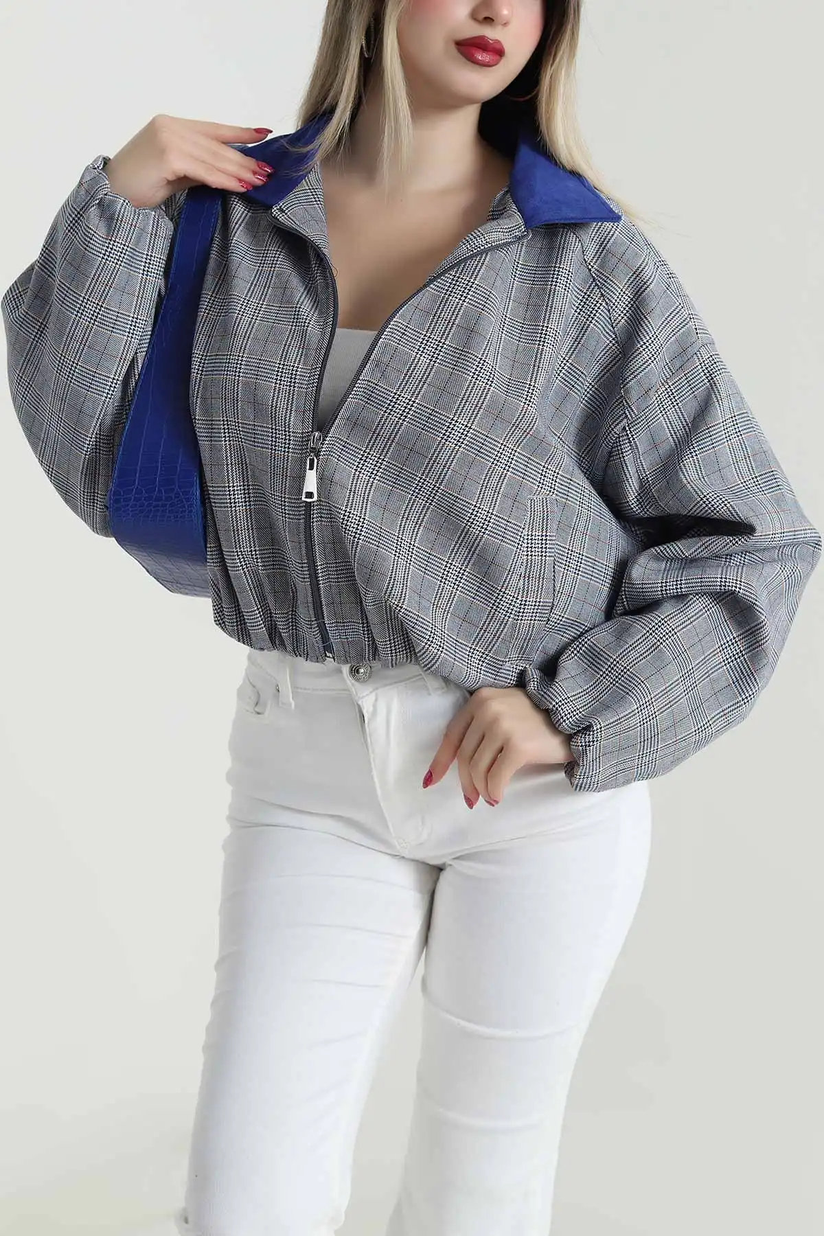 Saks Mavisi Fermuarlı Cepli Bomber Kadın Ceket 495435