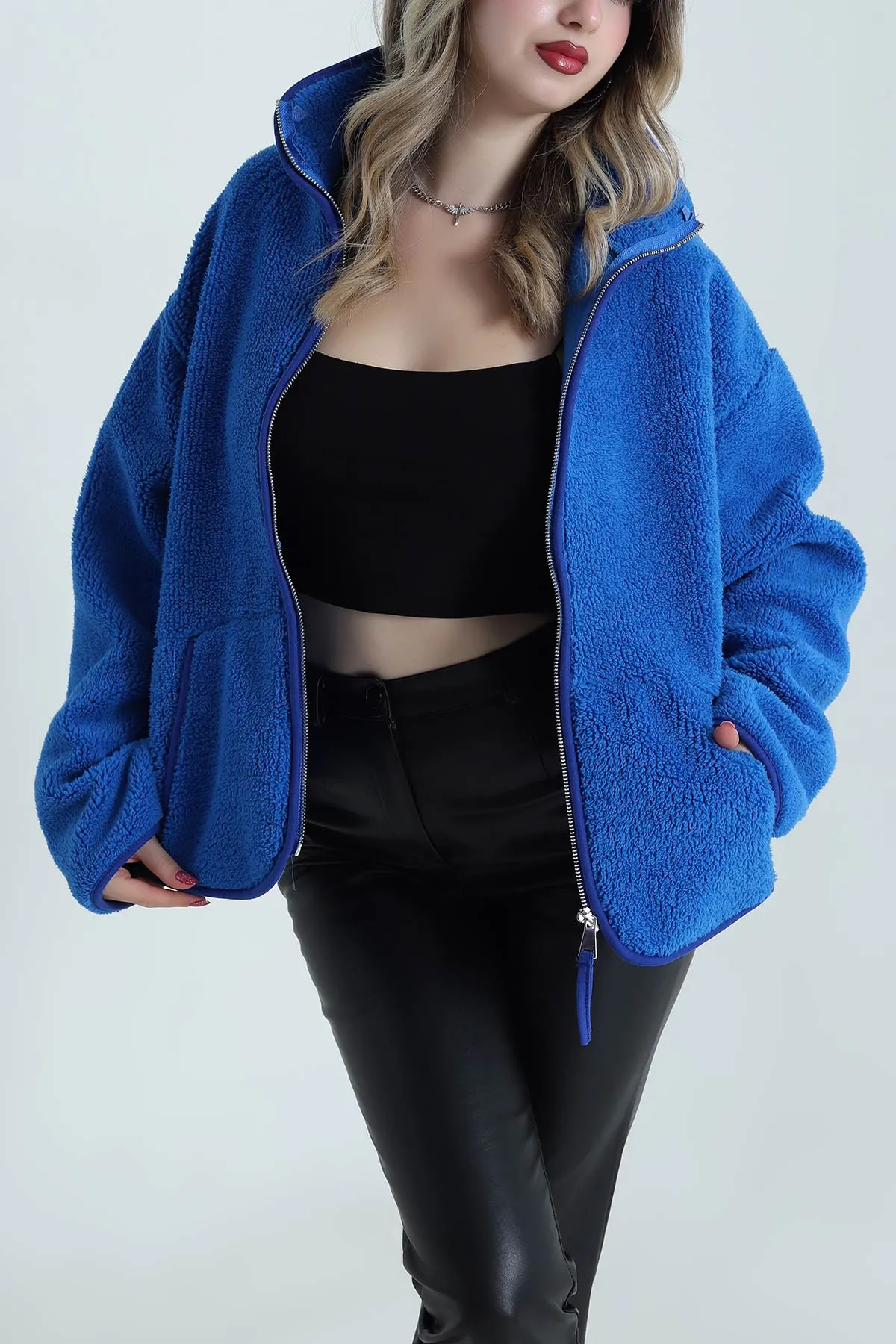 Saks Mavisi Fermuarlı Cepli Kadın Polar 492629