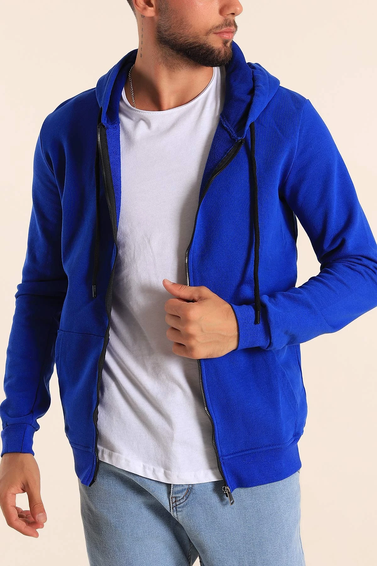 Saks Mavisi Fermuarlı Kapüşonlu Erkek Sweatshirt 236554