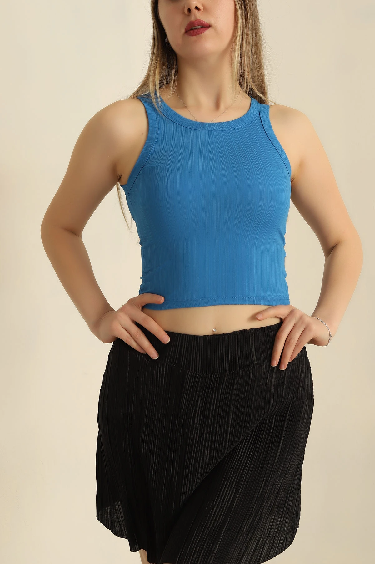 Saks Mavisi Fitilli Kolsuz Bluz 253314