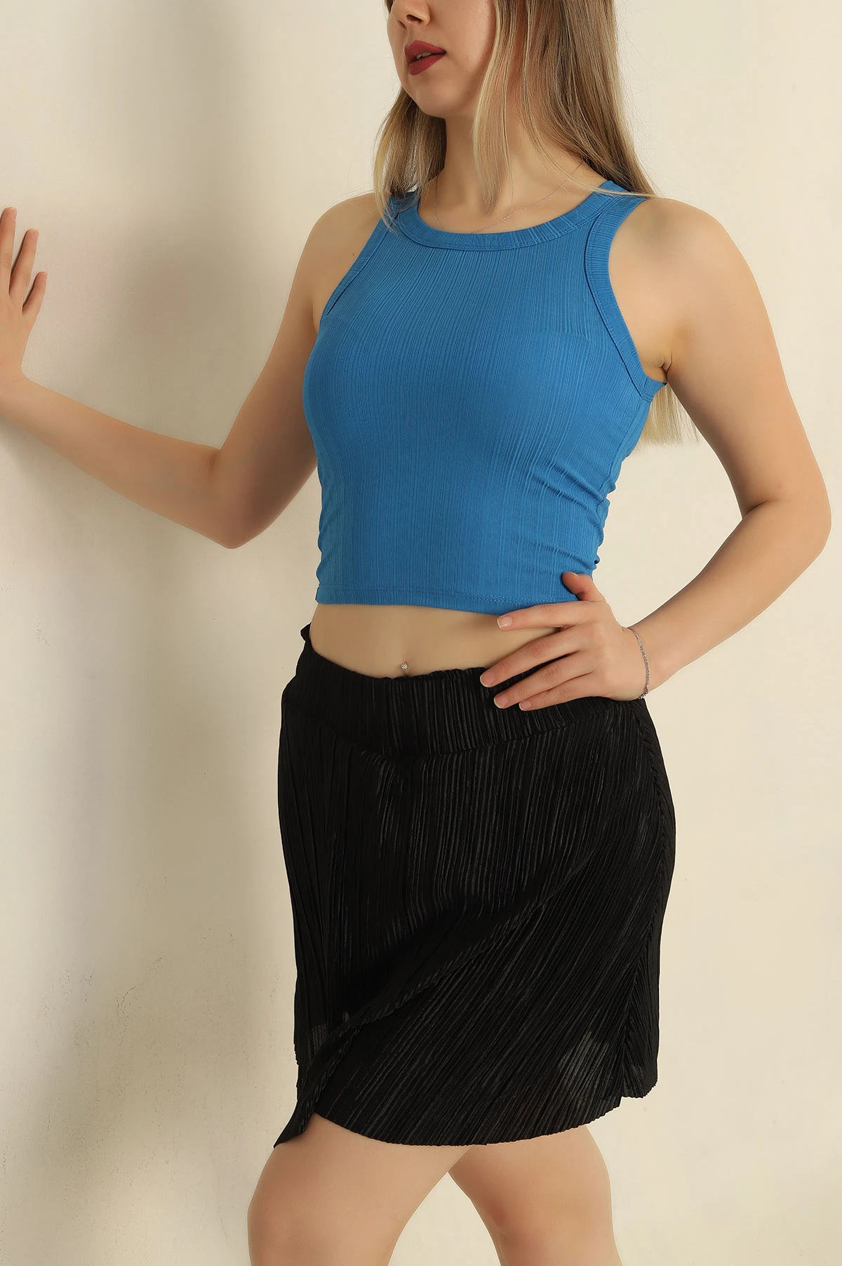Saks Mavisi Fitilli Kolsuz Bluz 253314