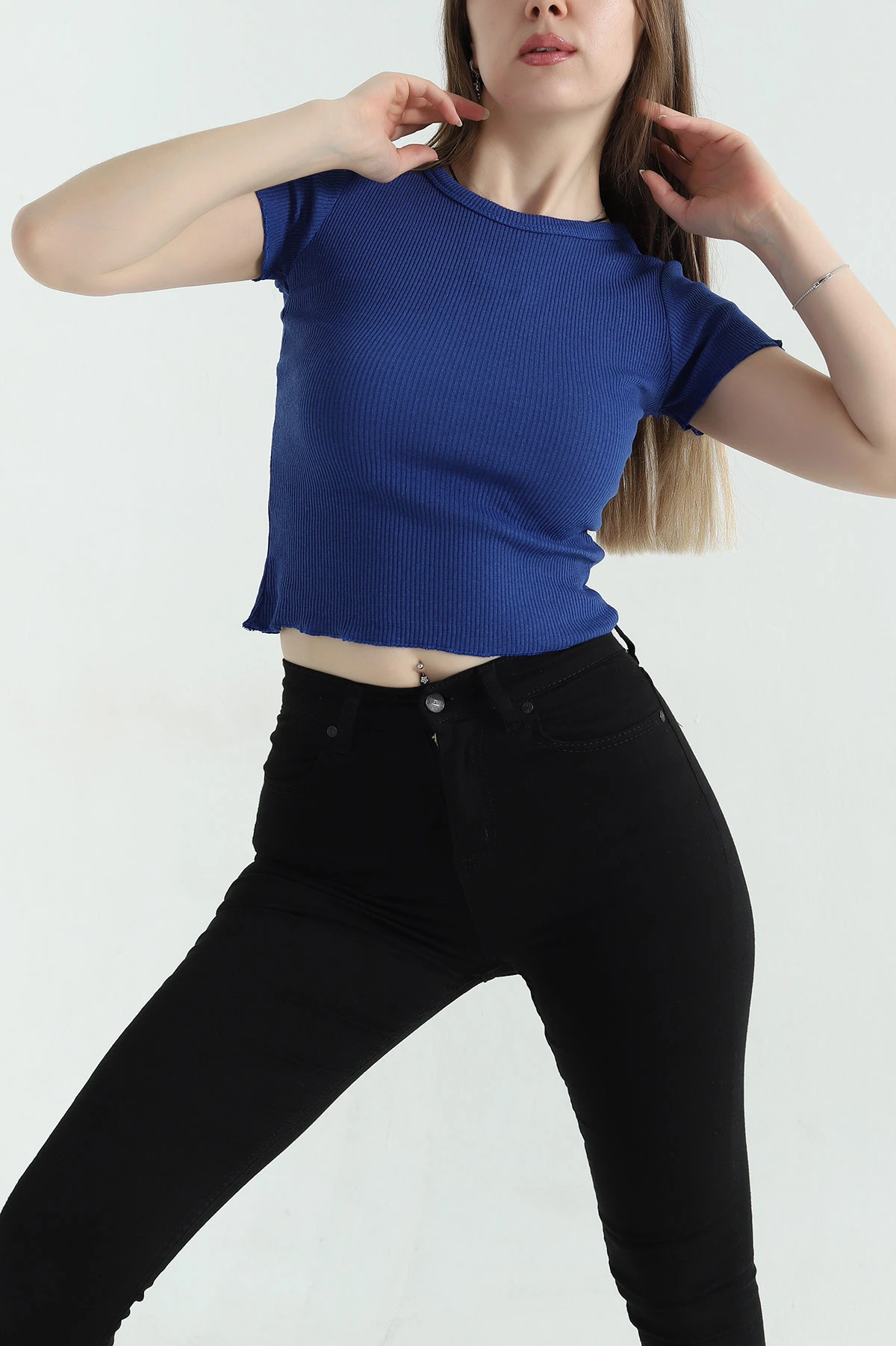 Saks Mavisi Fitilli Likralı Bisiklet Yaka Bady Bluz 357847