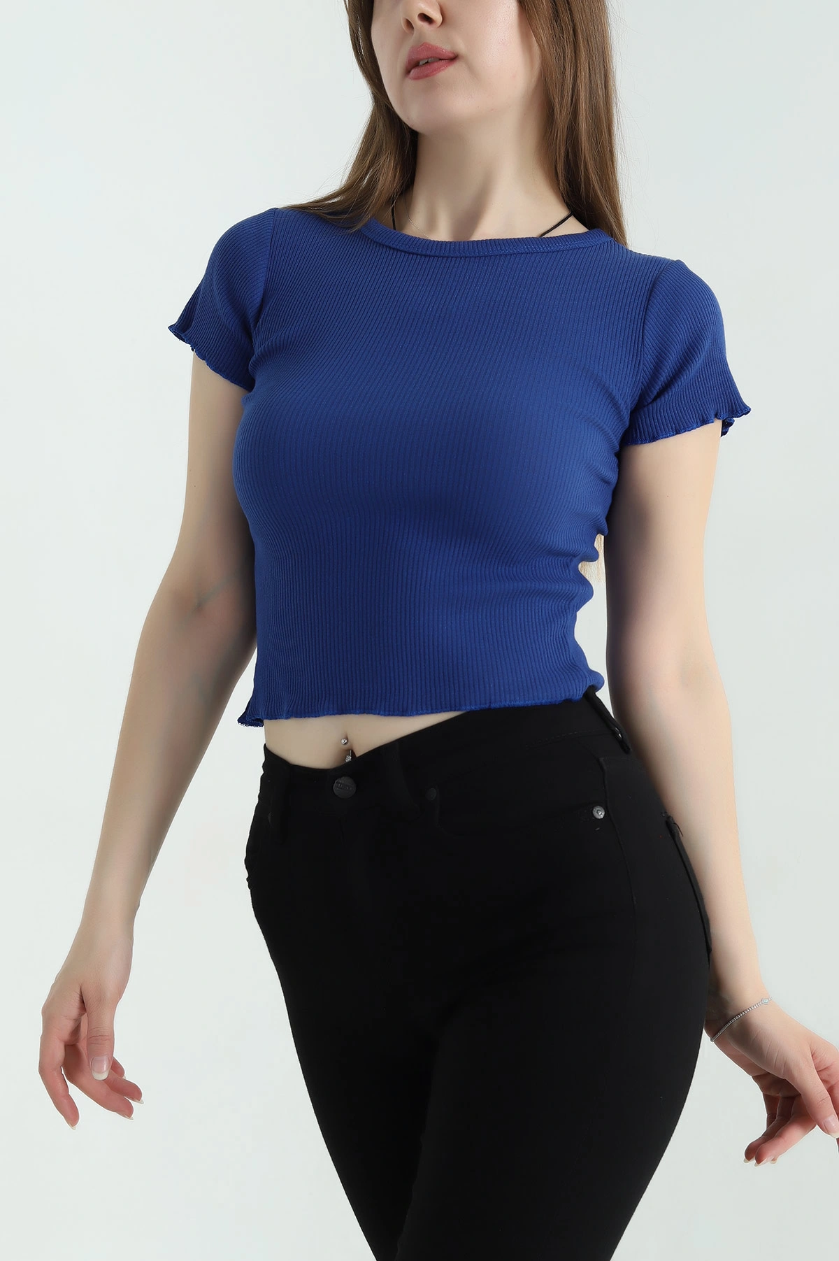 Saks Mavisi Fitilli Likralı Bisiklet Yaka Bady Bluz 357847