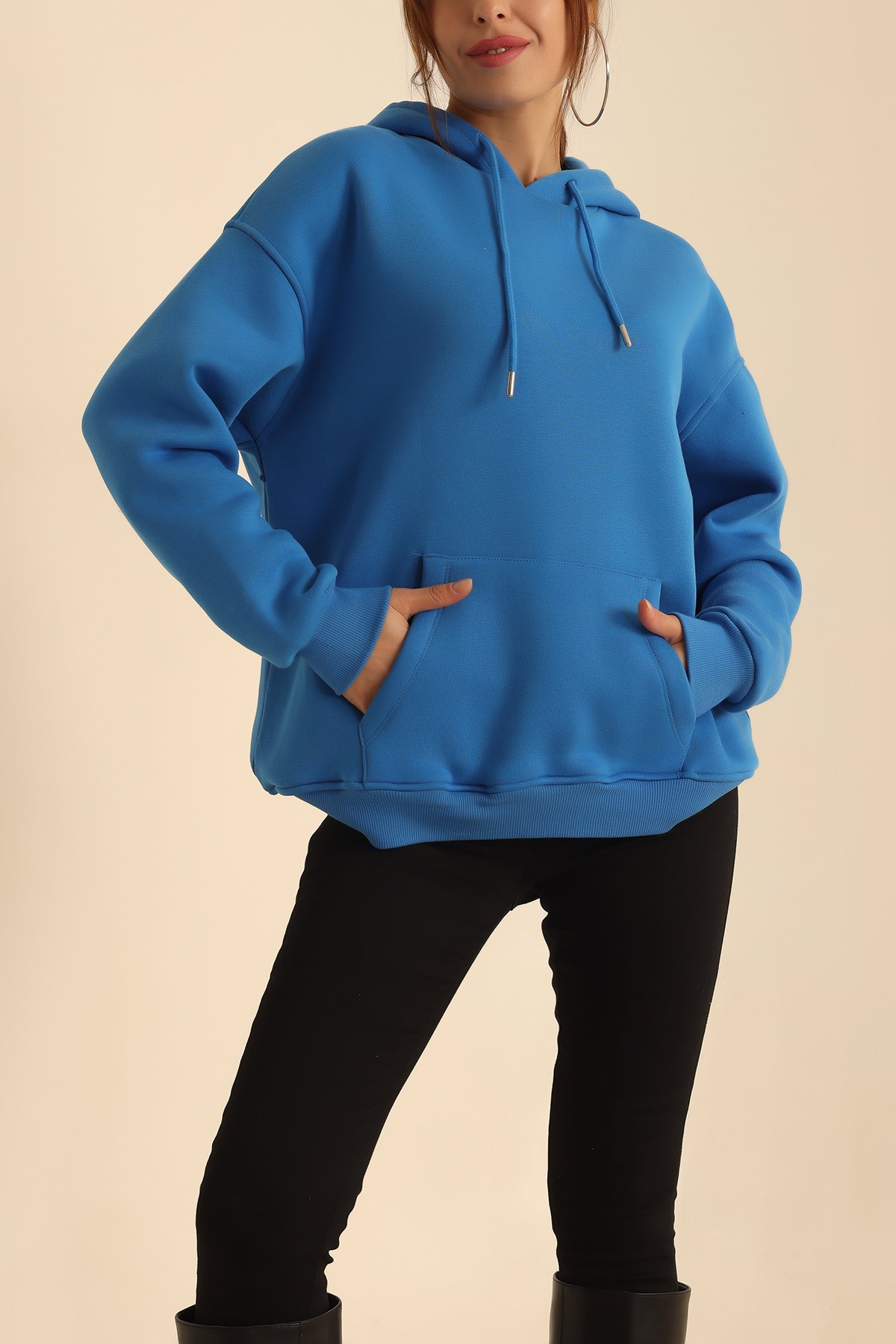 Saks Mavisi İçi Şardonlu Kanguru Cep Sweat 207839