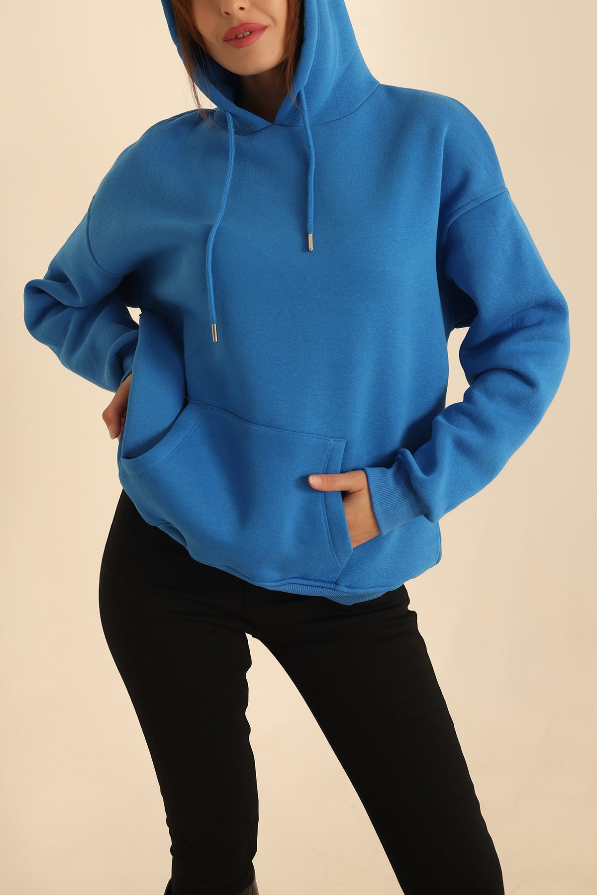 Saks Mavisi İçi Şardonlu Kanguru Cep Sweat 207839