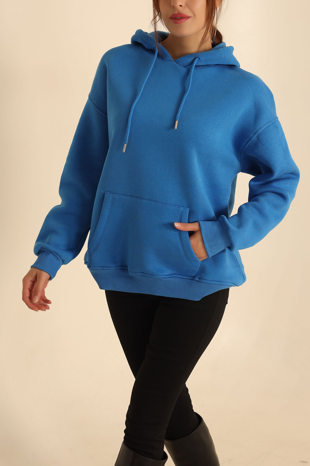 Saks Mavisi İçi Şardonlu Kanguru Cep Sweat 207839