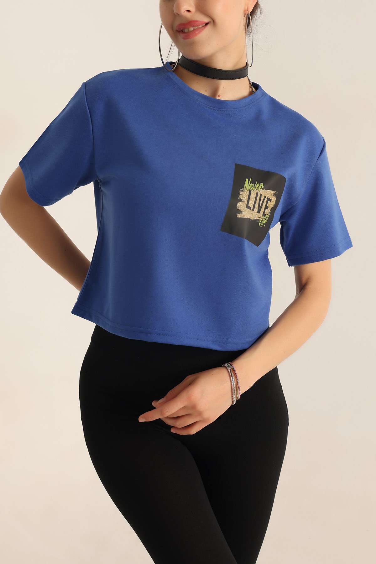 Saks Mavisi İki İp Baskılı Bayan Tişört 185333