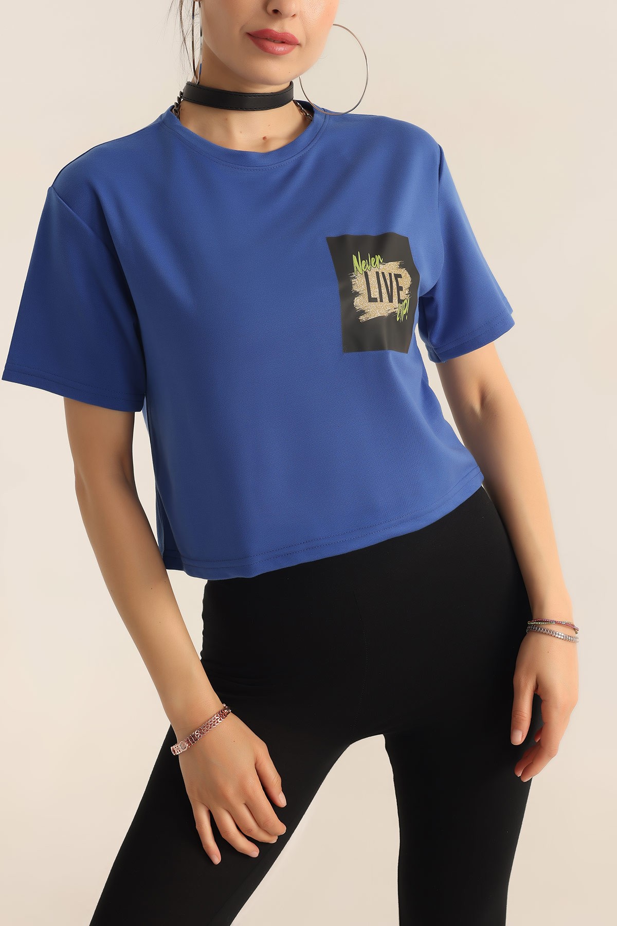 Saks Mavisi İki İp Baskılı Bayan Tişört 185333