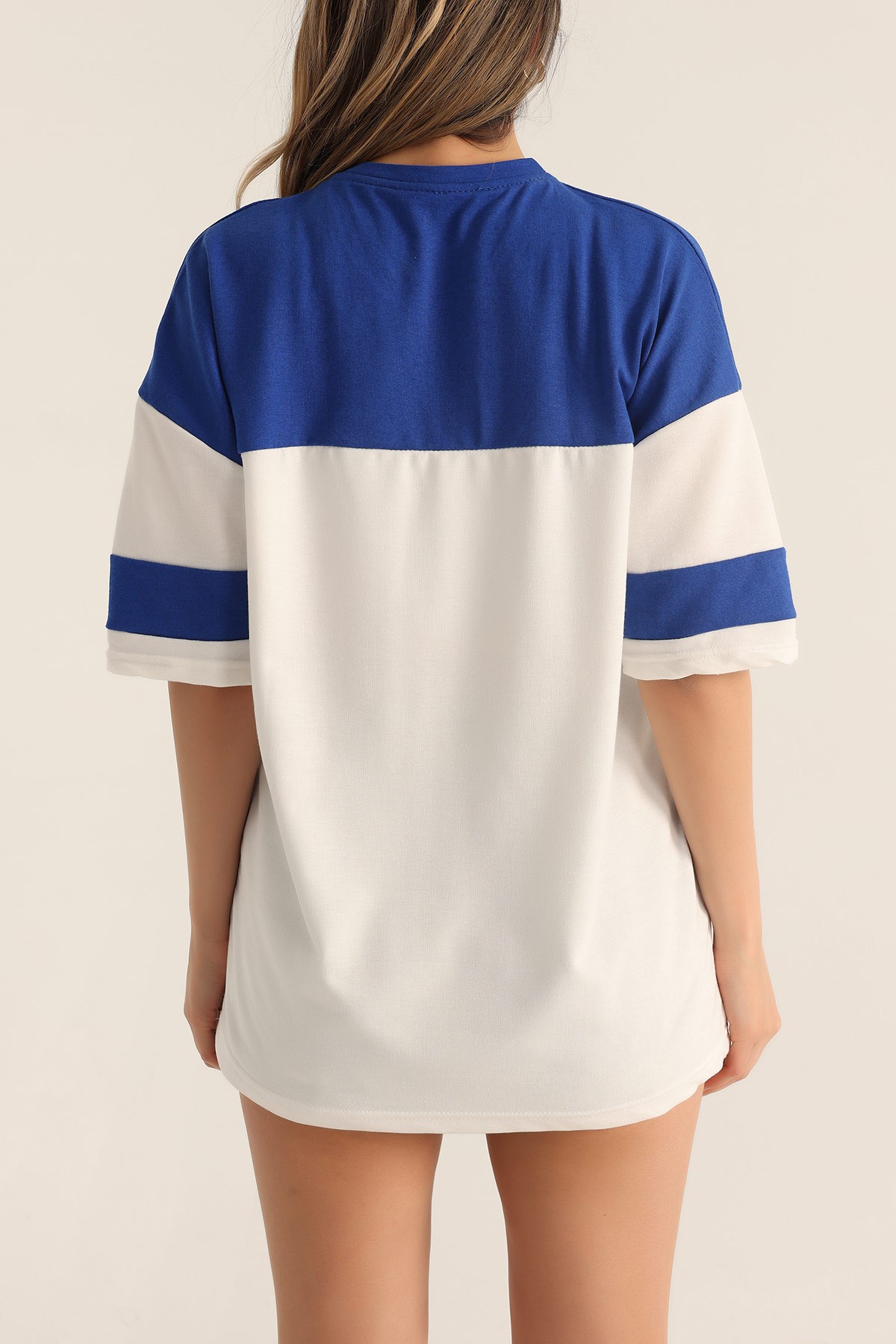 Saks Mavisi İki İp Baskılı Oversize Tişört 174451