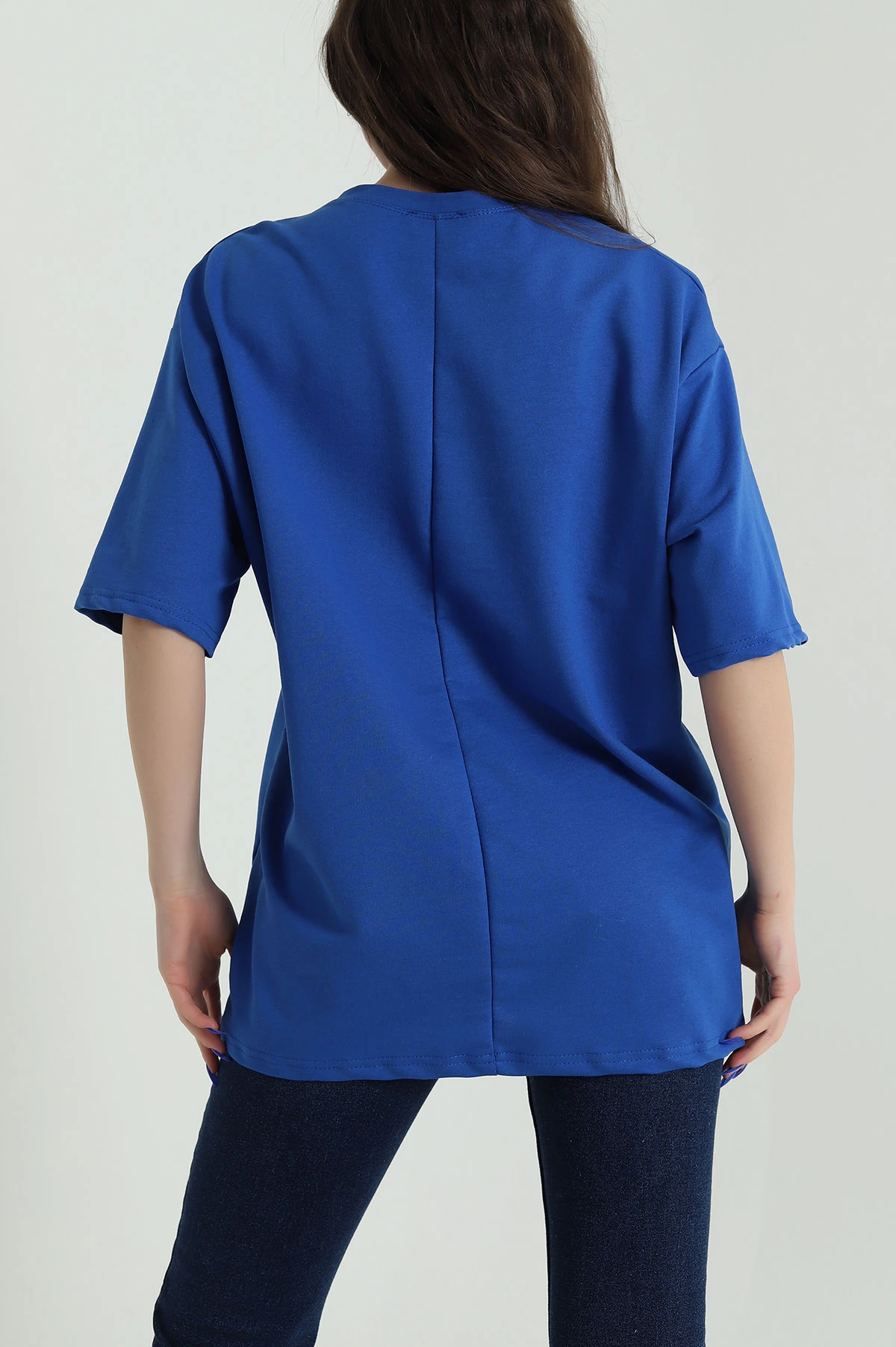 Saks Mavisi İki İp Bisiklet Yaka Kadın Oversize Tişört 423913