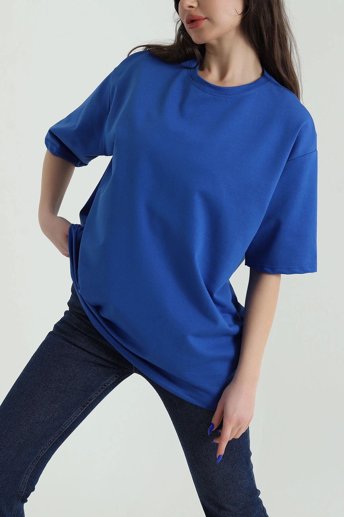 Saks Mavisi İki İp Bisiklet Yaka Kadın Oversize Tişört 423913
