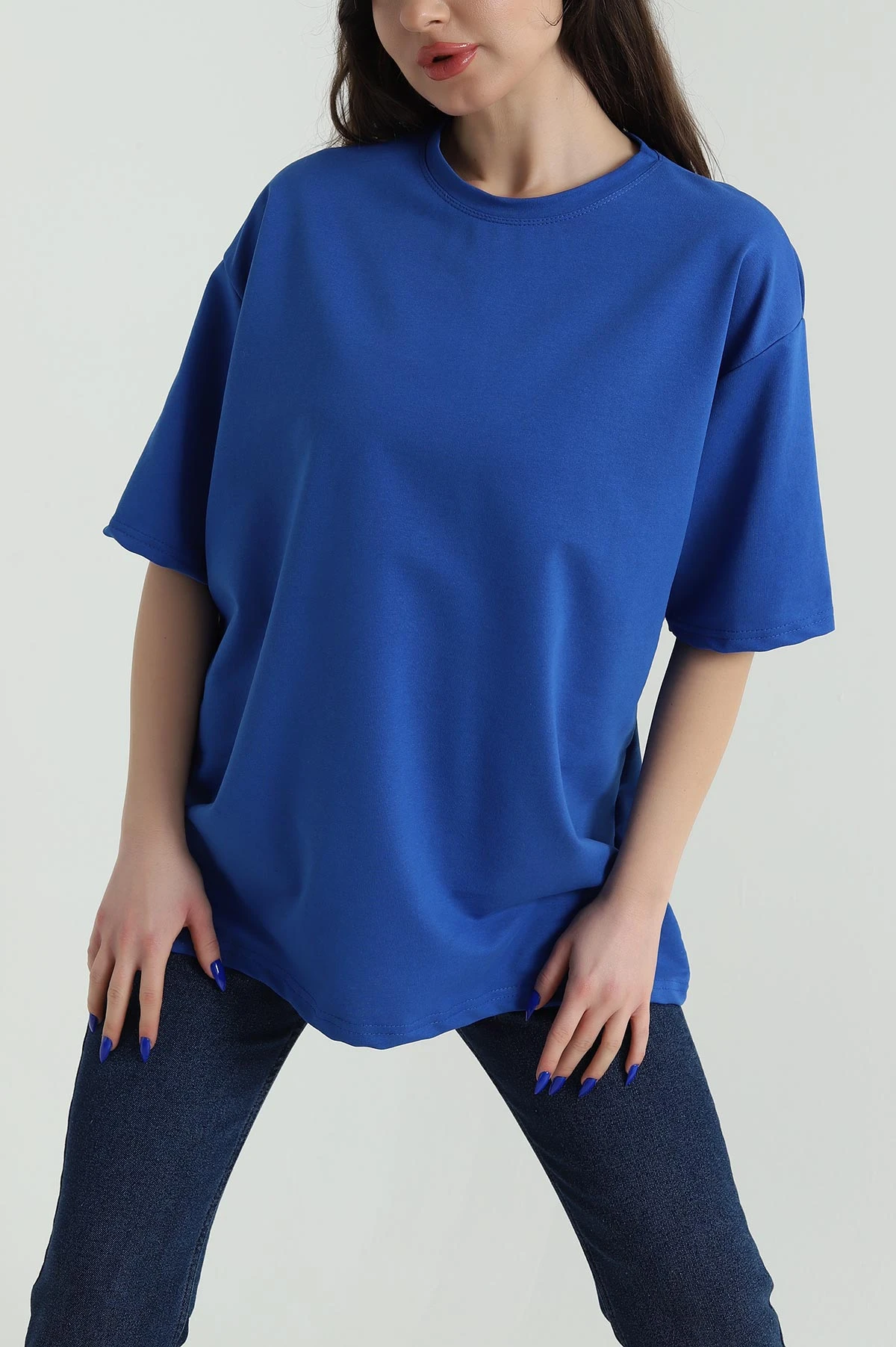 Saks Mavisi İki İp Bisiklet Yaka Kadın Oversize Tişört 423913