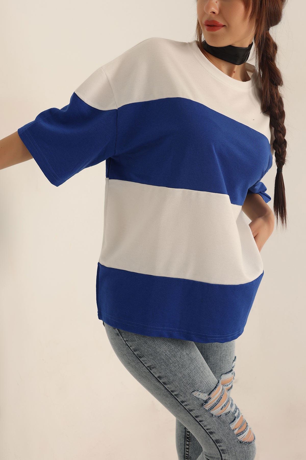 Saks Mavisi İki İp Oversize Bayan Tişört 193679