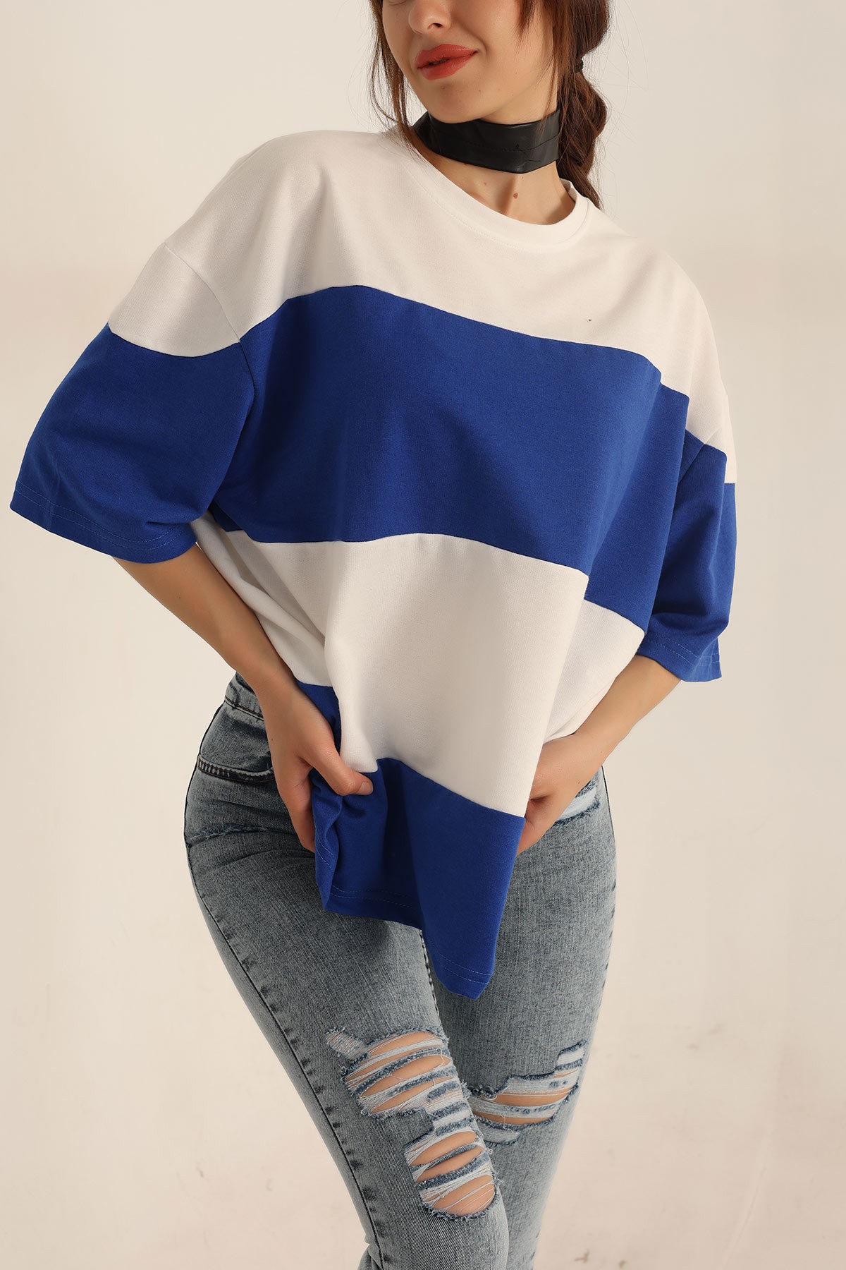 Saks Mavisi İki İp Oversize Bayan Tişört 193679