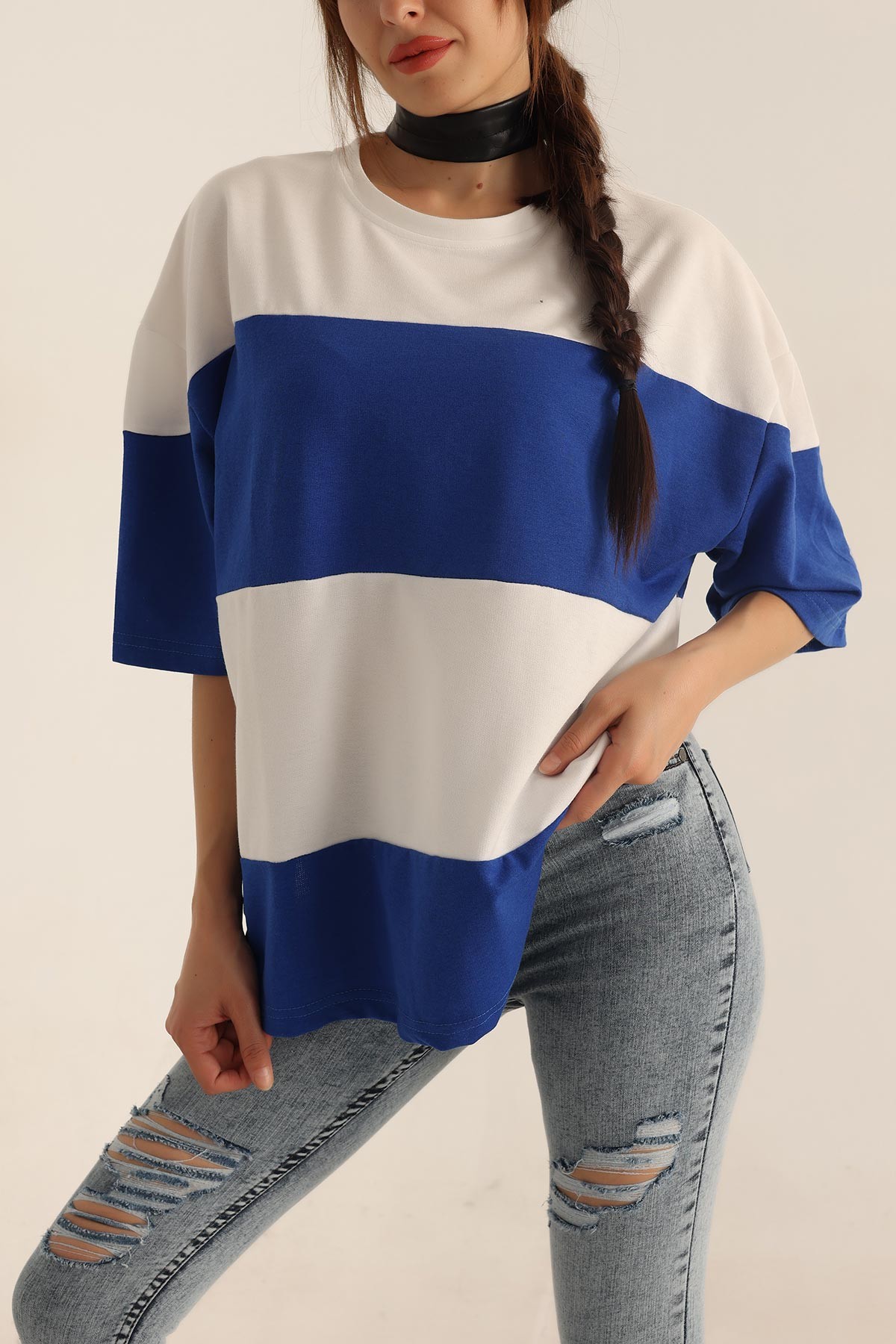 Saks Mavisi İki İp Oversize Bayan Tişört 193679