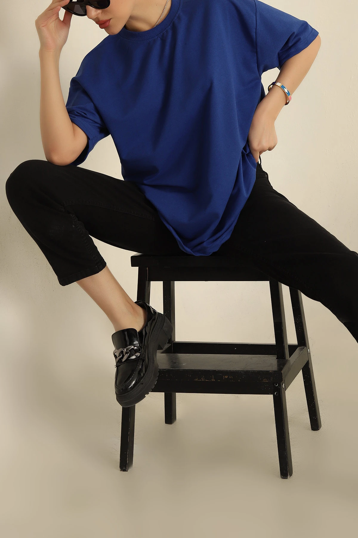 Saks Mavisi İki İp Oversize Bayan Tişört 259715