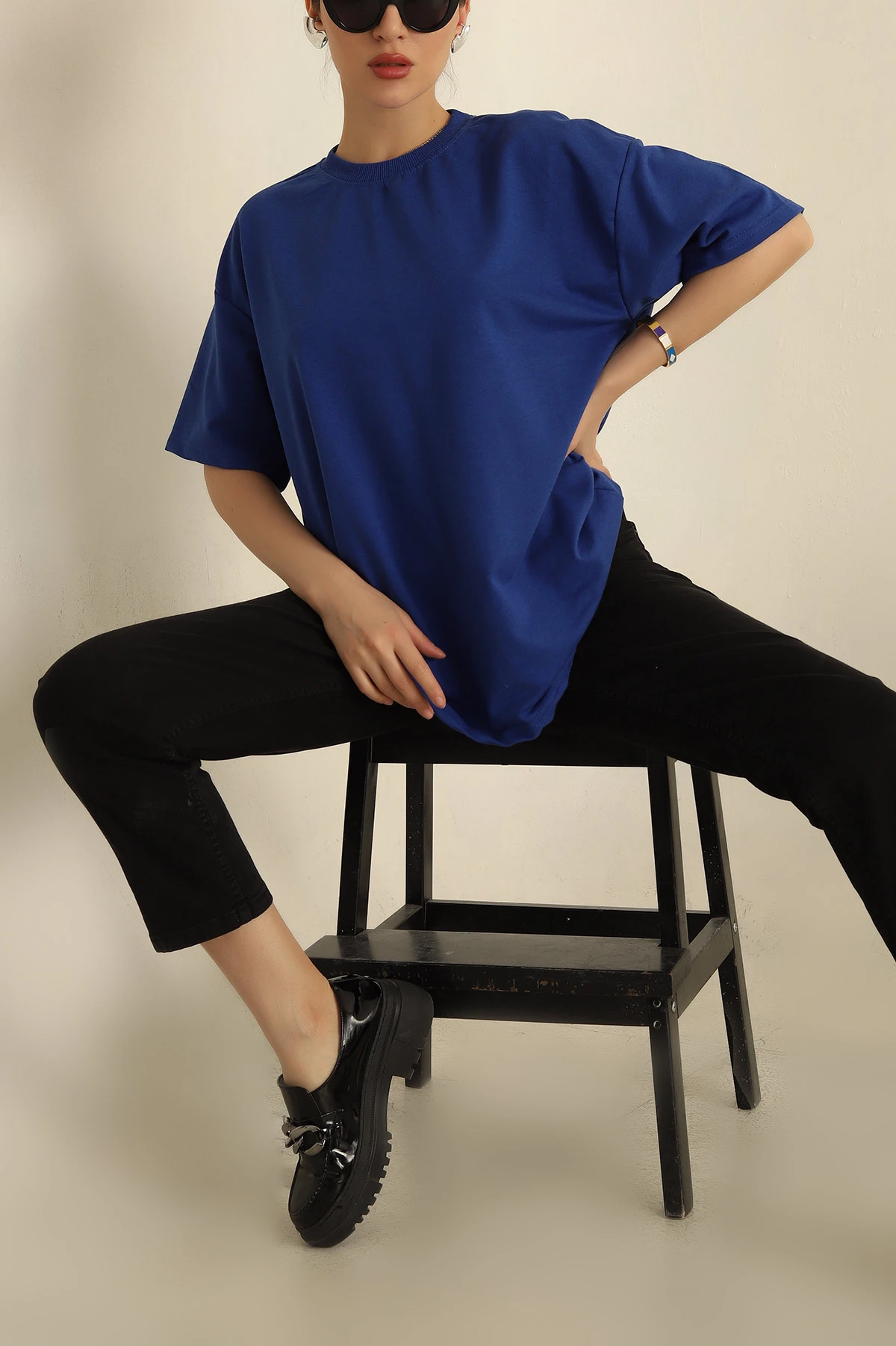 Saks Mavisi İki İp Oversize Bayan Tişört 259715