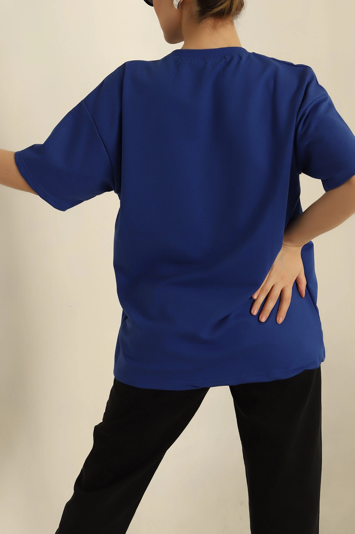 Saks Mavisi İki İp Oversize Bayan Tişört 259715