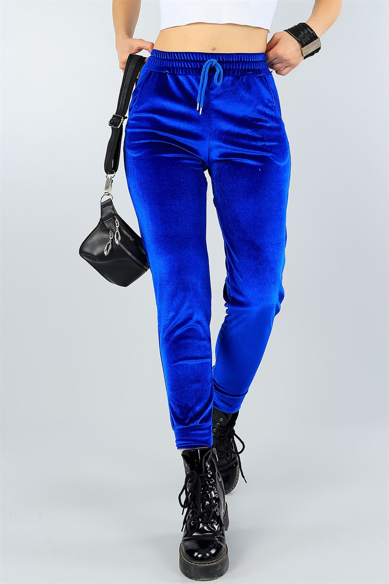 Saks Mavisi Kadife Cepli Bayan Pantolon 44059