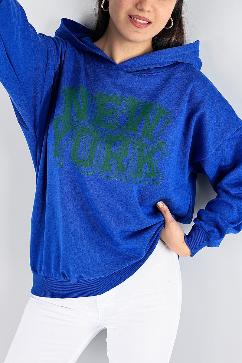 Saks Mavisi kapüşonlu Şardonlu Bayan Sweat 88351