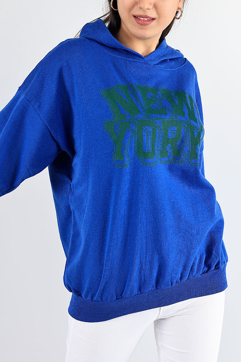 Saks Mavisi kapüşonlu Şardonlu Bayan Sweat 88351