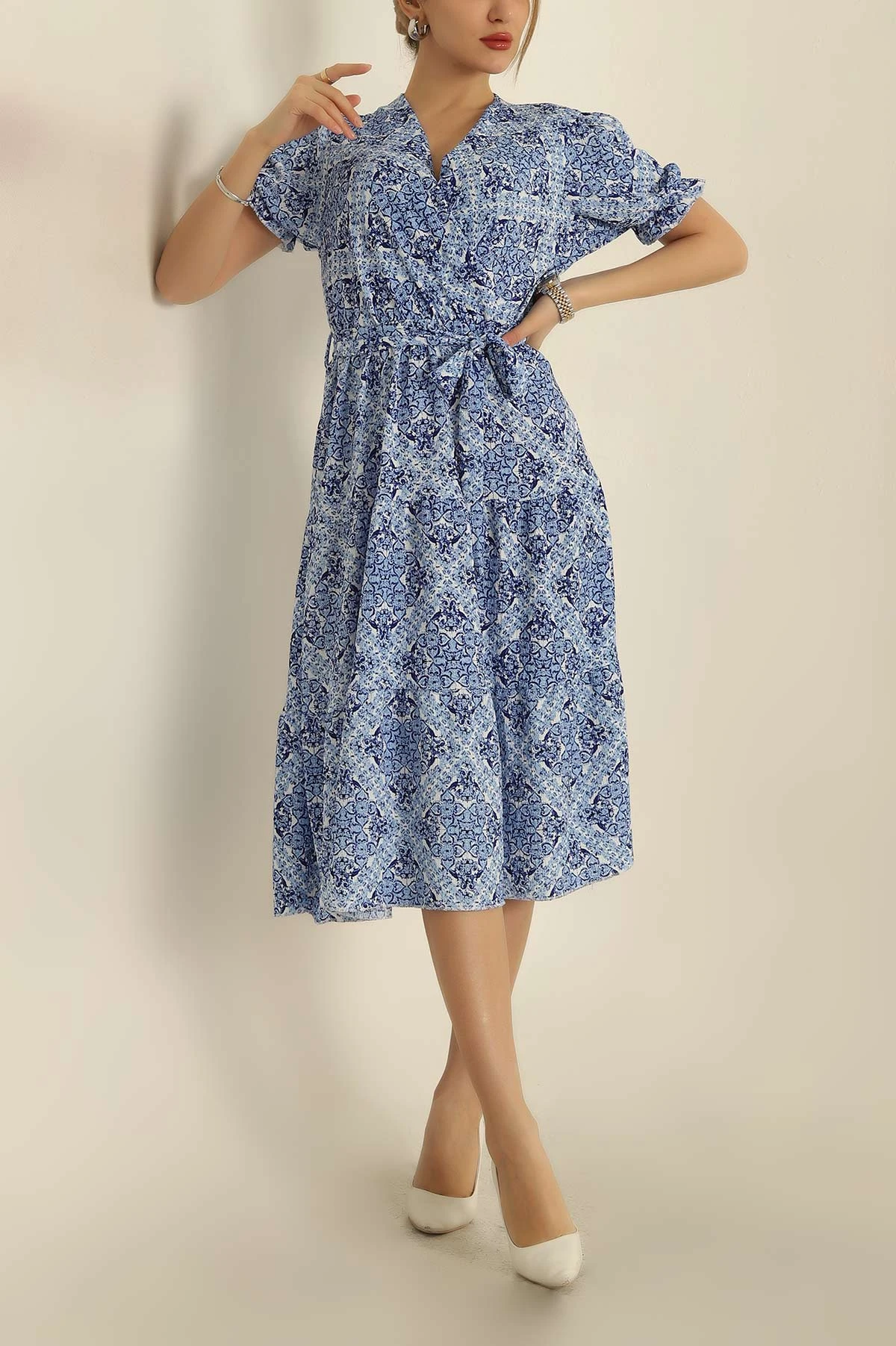 Saks Mavisi Kemerli Krinkıl Elbise 249174