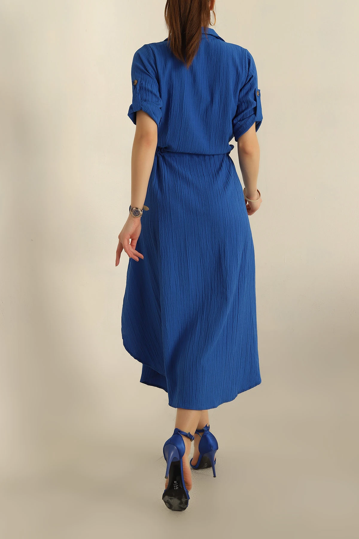 Saks Mavisi Keten Belden Bağlamalı Elbise 249744 | ModamızBir