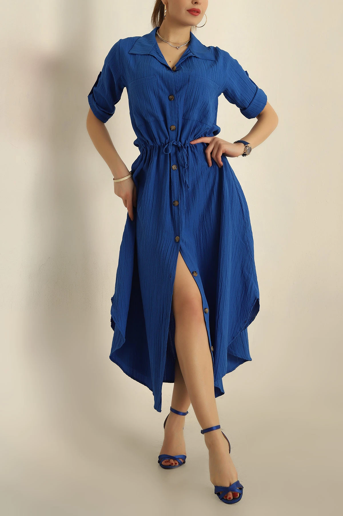 Saks Mavisi Keten Belden Bağlamalı Elbise 249744 | ModamızBir