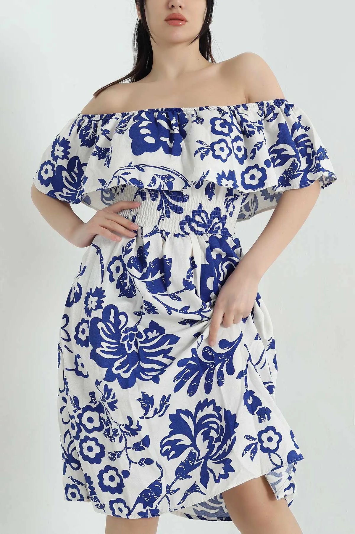 Saks Mavisi Keten Madonna Yaka Kadın Elbise 356327