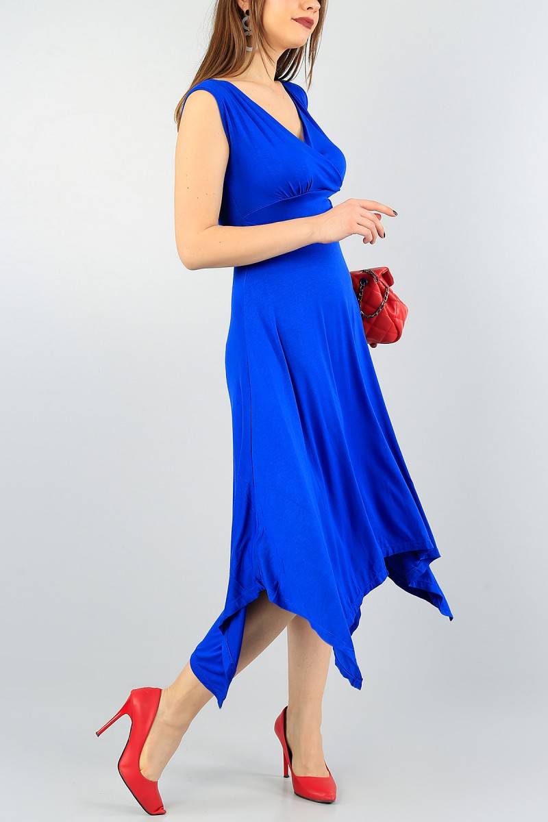 Saks Mavisi Kruvaze Yaka Bağlamalı Elbise 59267