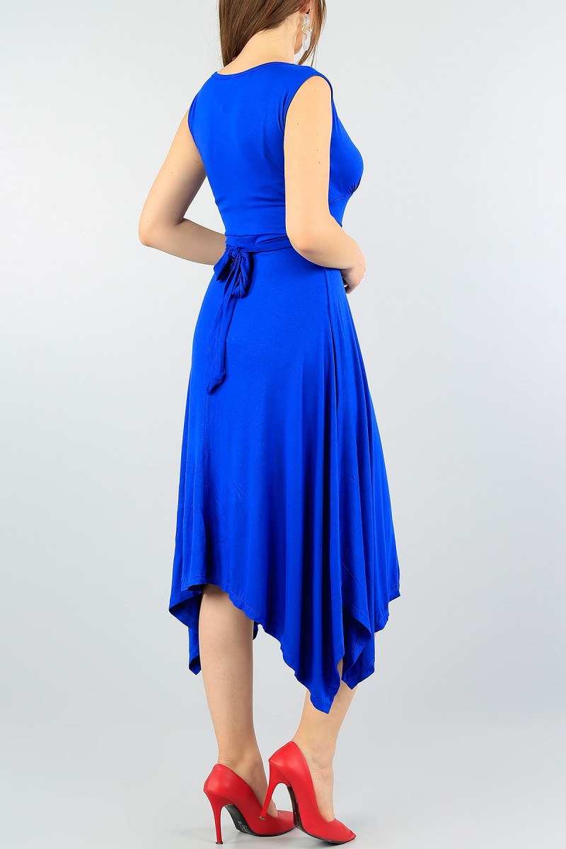 Saks Mavisi Kruvaze Yaka Bağlamalı Elbise 59267