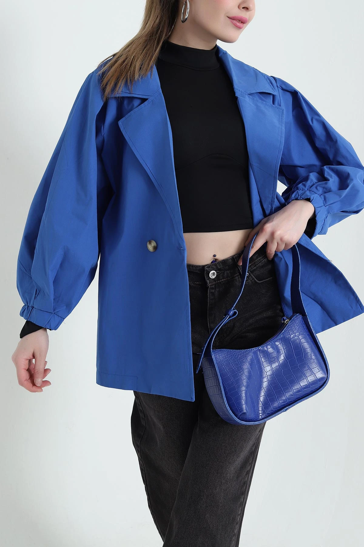 Saks Mavisi Kruvaze Yaka Oversize Trenç Kumaş Kadın Ceket 429808