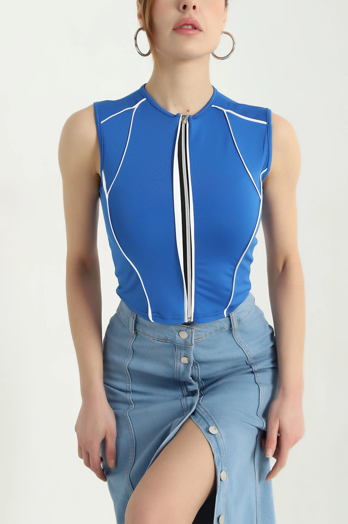 Saks Mavisi Likralı Fermuarlı Kolsuz Sandy Bluz Yelek 338357