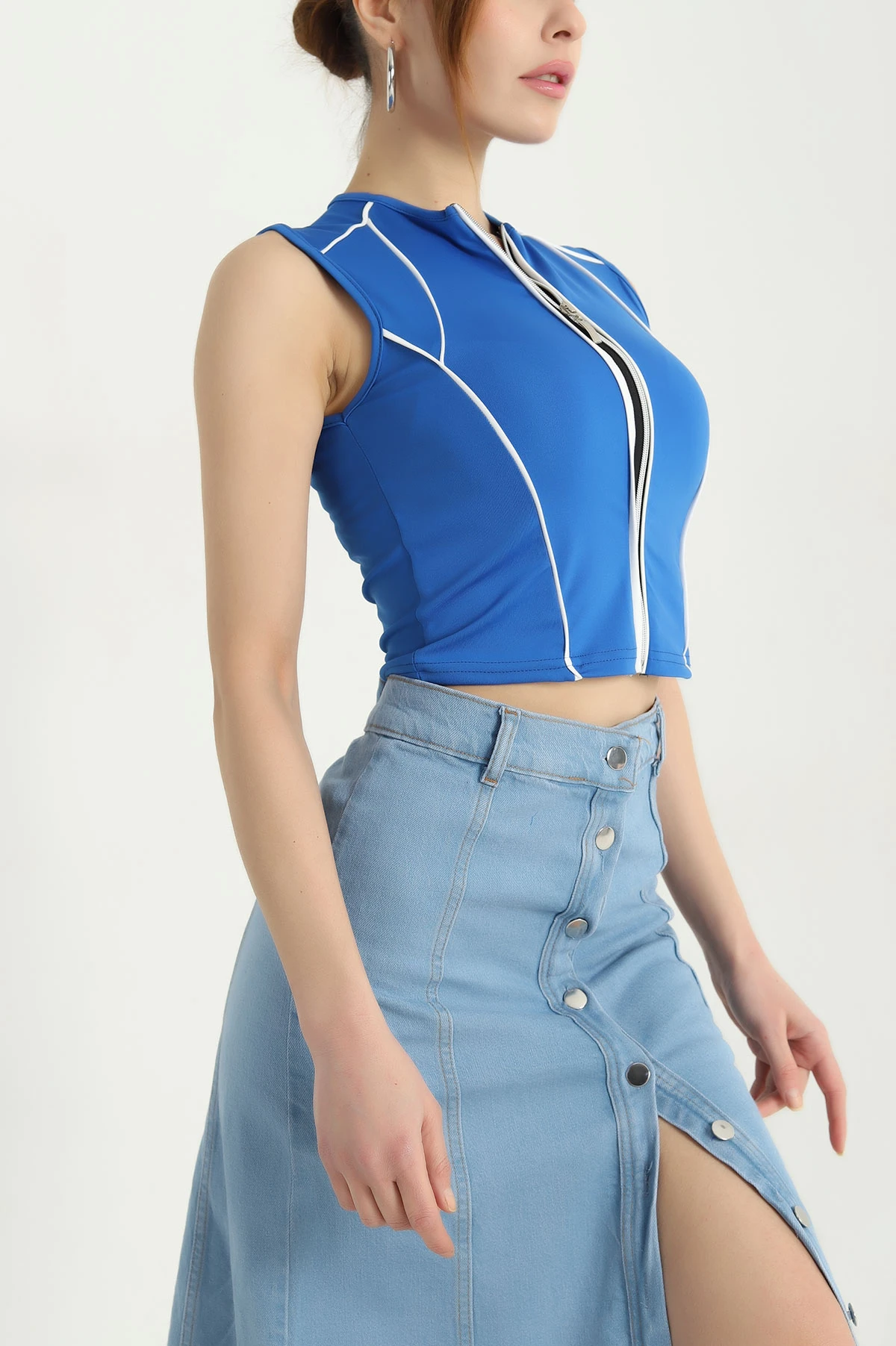 Saks Mavisi Likralı Fermuarlı Kolsuz Sandy Bluz Yelek 338357
