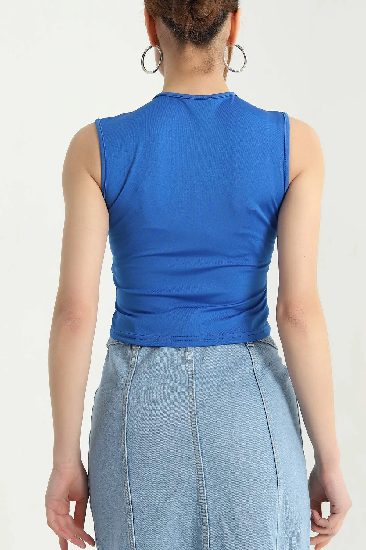 Saks Mavisi Likralı Fermuarlı Kolsuz Sandy Bluz Yelek 338357
