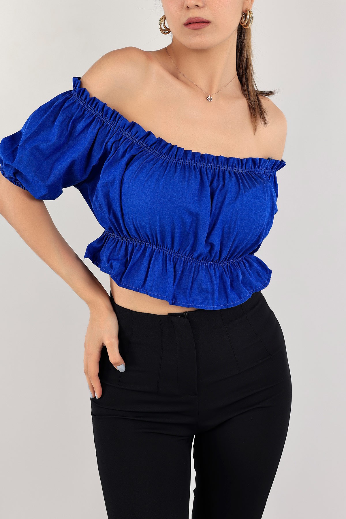 Saks Mavisi Madonna Yaka Dokuma Bluz 116342