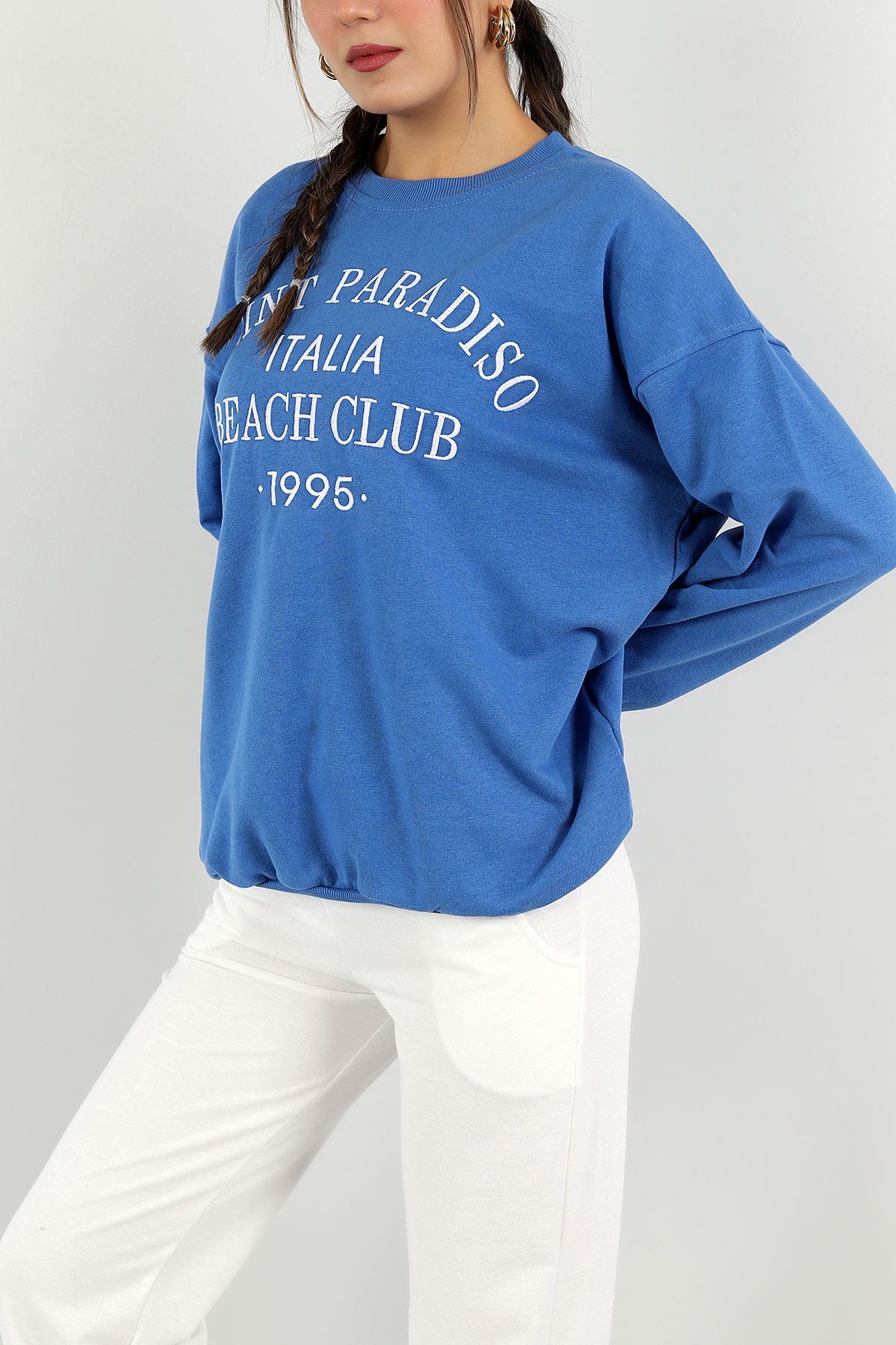 Saks Mavisi Nakışlı Bayan Üç İp Sweat 148595