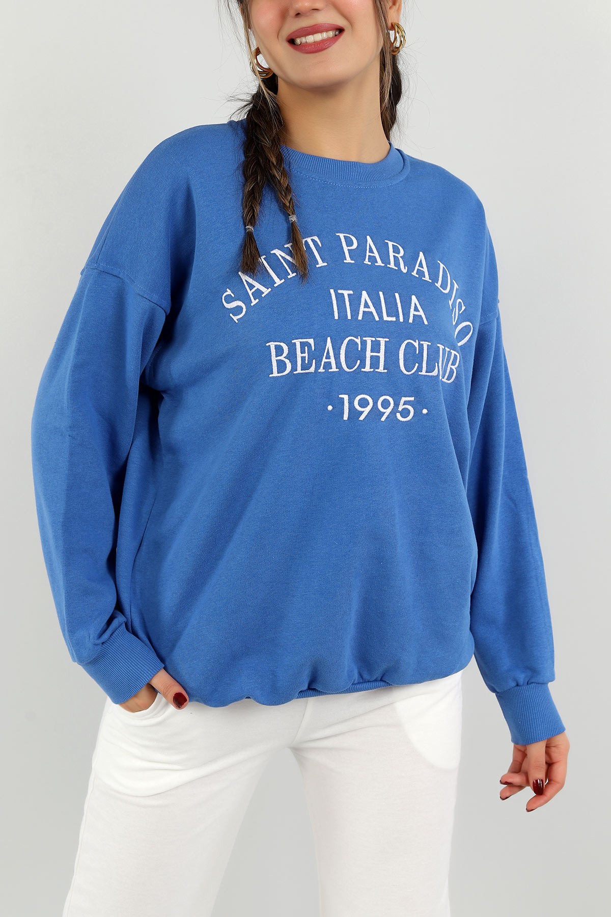 Saks Mavisi Nakışlı Bayan Üç İp Sweat 148595