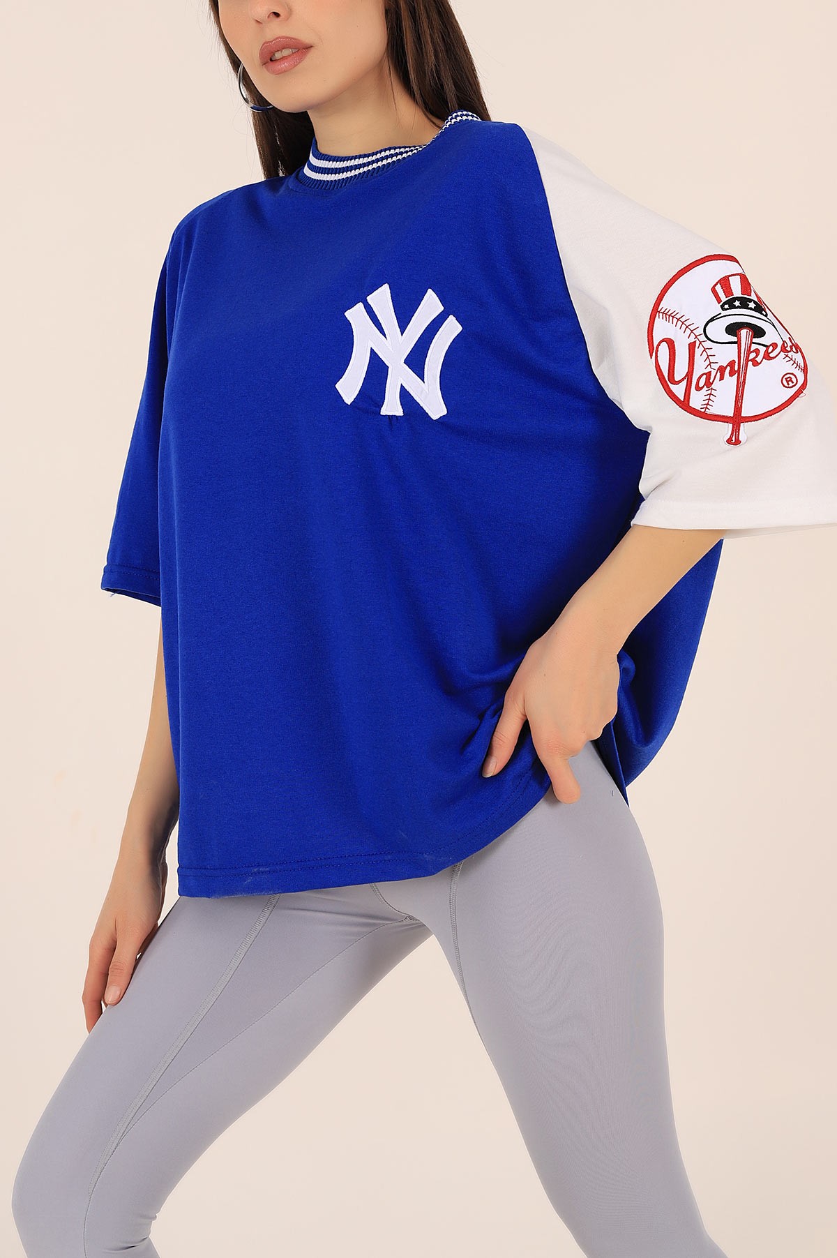 Saks Mavisi Nakışlı İki İp Oversize Tişört 172816