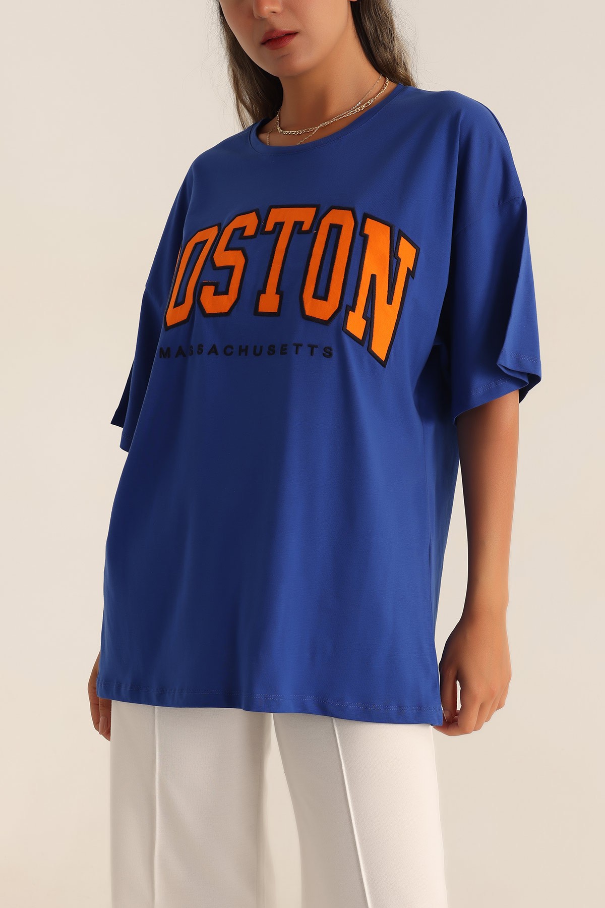 Saks Mavisi Nakışlı Oversize Bayan Tişört 192594